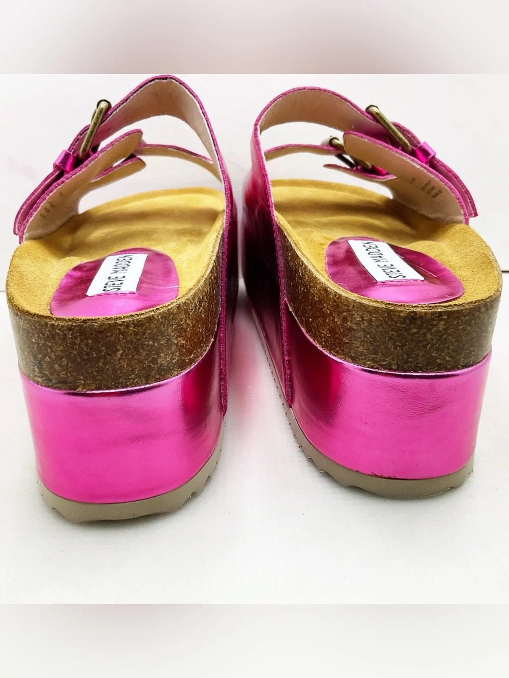 🆕{Steve Madden} Kali-J Distressed Metallic Pink Platform Slide Sandals